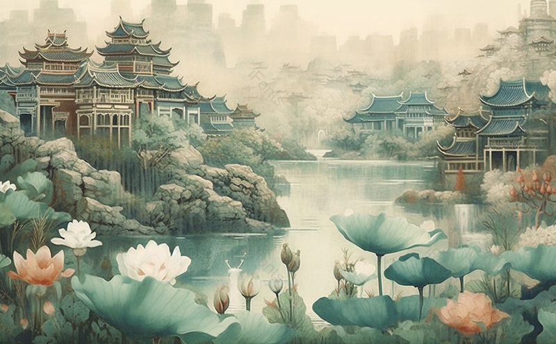 古代建筑榫卯立夏平静湖面云雾缭绕荷花盛开国风水墨画,插画/手绘图,插画/手绘图库,插画/手绘图下载,插画/手绘